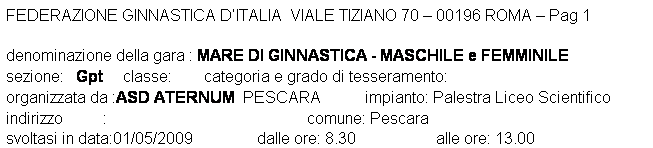 Casella di testo: FEDERAZIONE GINNASTICA DITALIA  VIALE TIZIANO 70  00196 ROMA  Pag 1 

denominazione della gara : MARE DI GINNASTICA - MASCHILE e FEMMINILE
sezione:   Gpt     classe:        categoria e grado di tesseramento:  
organizzata da :ASD ATERNUM  PESCARA           impianto: Palestra Liceo Scientifico 
indirizzo          :                                                  comune: Pescara
svoltasi in data:01/05/2009                dalle ore: 8.30                    alle ore: 13.00
