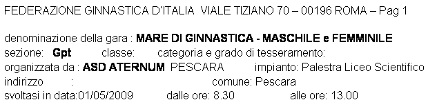 Casella di testo: FEDERAZIONE GINNASTICA DITALIA  VIALE TIZIANO 70  00196 ROMA  Pag 1 

denominazione della gara : MARE DI GINNASTICA - MASCHILE e FEMMINILE
sezione:   Gpt           classe:        categoria e grado di tesseramento:  
organizzata da : ASD ATERNUM  PESCARA           impianto: Palestra Liceo Scientifico 
indirizzo          :                                                  comune: Pescara
svoltasi in data:01/05/2009            dalle ore: 8.30                    alle ore: 13.00
