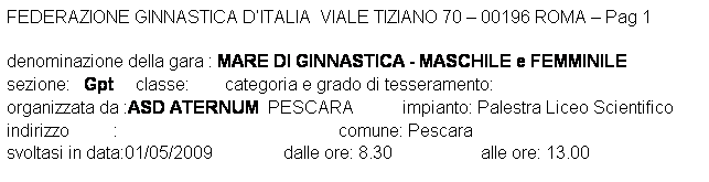 Casella di testo: FEDERAZIONE GINNASTICA DITALIA  VIALE TIZIANO 70  00196 ROMA  Pag 1 

denominazione della gara : MARE DI GINNASTICA - MASCHILE e FEMMINILE
sezione:   Gpt     classe:        categoria e grado di tesseramento:  
organizzata da :ASD ATERNUM  PESCARA           impianto: Palestra Liceo Scientifico 
indirizzo          :                                                  comune: Pescara
svoltasi in data:01/05/2009                dalle ore: 8.30                    alle ore: 13.00
