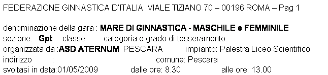 Casella di testo: FEDERAZIONE GINNASTICA DITALIA  VIALE TIZIANO 70  00196 ROMA  Pag 1 

denominazione della gara : MARE DI GINNASTICA - MASCHILE e FEMMINILE
sezione:   Gpt     classe:        categoria e grado di tesseramento:  
organizzata da :ASD ATERNUM  PESCARA           impianto: Palestra Liceo Scientifico 
indirizzo          :                                                  comune: Pescara
svoltasi in data:01/05/2009                dalle ore: 8.30                    alle ore: 13.00
