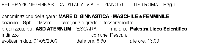 Casella di testo: FEDERAZIONE GINNASTICA DITALIA  VIALE TIZIANO 70  00196 ROMA  Pag 1 

denominazione della gara : MARE DI GINNASTICA - MASCHILE e FEMMINILE
sezione:   Gpt     classe:        categoria e grado di tesseramento:  
organizzata da : ASD ATERNUM  PESCARA           impianto: Palestra Liceo Scientifico
indirizzo          :                                                  comune: Pescara
svoltasi in data:01/05/2009                dalle ore: 8.30                    alle ore: 13.00
