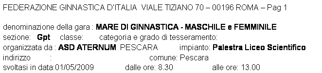 Casella di testo: FEDERAZIONE GINNASTICA DITALIA  VIALE TIZIANO 70  00196 ROMA  Pag 1 

denominazione della gara : MARE DI GINNASTICA - MASCHILE e FEMMINILE
sezione:   Gpt     classe:        categoria e grado di tesseramento:  
organizzata da : ASD ATERNUM  PESCARA           impianto: Palestra Liceo Scientifico
indirizzo          :                                                  comune: Pescara
svoltasi in data:01/05/2009                dalle ore: 8.30                    alle ore: 13.00
