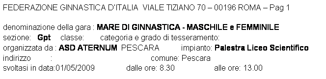 Casella di testo: FEDERAZIONE GINNASTICA DITALIA  VIALE TIZIANO 70  00196 ROMA  Pag 1 

denominazione della gara : MARE DI GINNASTICA - MASCHILE e FEMMINILE
sezione:   Gpt     classe:        categoria e grado di tesseramento:  
organizzata da : ASD ATERNUM  PESCARA           impianto: Palestra Liceo Scientifico
indirizzo          :                                                  comune: Pescara
svoltasi in data:01/05/2009                dalle ore: 8.30                    alle ore: 13.00
