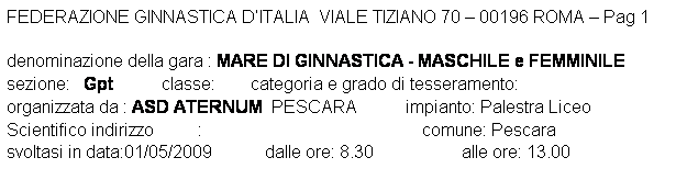 Casella di testo: FEDERAZIONE GINNASTICA DITALIA  VIALE TIZIANO 70  00196 ROMA  Pag 1 

denominazione della gara : MARE DI GINNASTICA - MASCHILE e FEMMINILE
sezione:   Gpt           classe:        categoria e grado di tesseramento:  
organizzata da : ASD ATERNUM  PESCARA           impianto: Palestra Liceo Scientifico indirizzo          :                                                  comune: Pescara
svoltasi in data:01/05/2009            dalle ore: 8.30                    alle ore: 13.00
