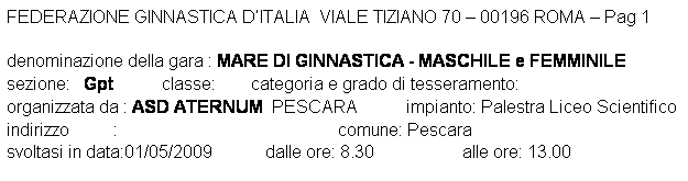 Casella di testo: FEDERAZIONE GINNASTICA DITALIA  VIALE TIZIANO 70  00196 ROMA  Pag 1 

denominazione della gara : MARE DI GINNASTICA - MASCHILE e FEMMINILE
sezione:   Gpt           classe:        categoria e grado di tesseramento:  
organizzata da : ASD ATERNUM  PESCARA           impianto: Palestra Liceo Scientifico indirizzo          :                                                  comune: Pescara
svoltasi in data:01/05/2009            dalle ore: 8.30                    alle ore: 13.00
