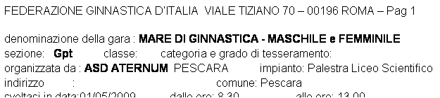 Casella di testo: FEDERAZIONE GINNASTICA DITALIA  VIALE TIZIANO 70  00196 ROMA  Pag 1 

denominazione della gara : MARE DI GINNASTICA - MASCHILE e FEMMINILE
sezione:   Gpt           classe:        categoria e grado di tesseramento:  
organizzata da : ASD ATERNUM  PESCARA           impianto: Palestra Liceo Scientifico indirizzo          :                                                  comune: Pescara
svoltasi in data:01/05/2009            dalle ore: 8.30                    alle ore: 13.00
